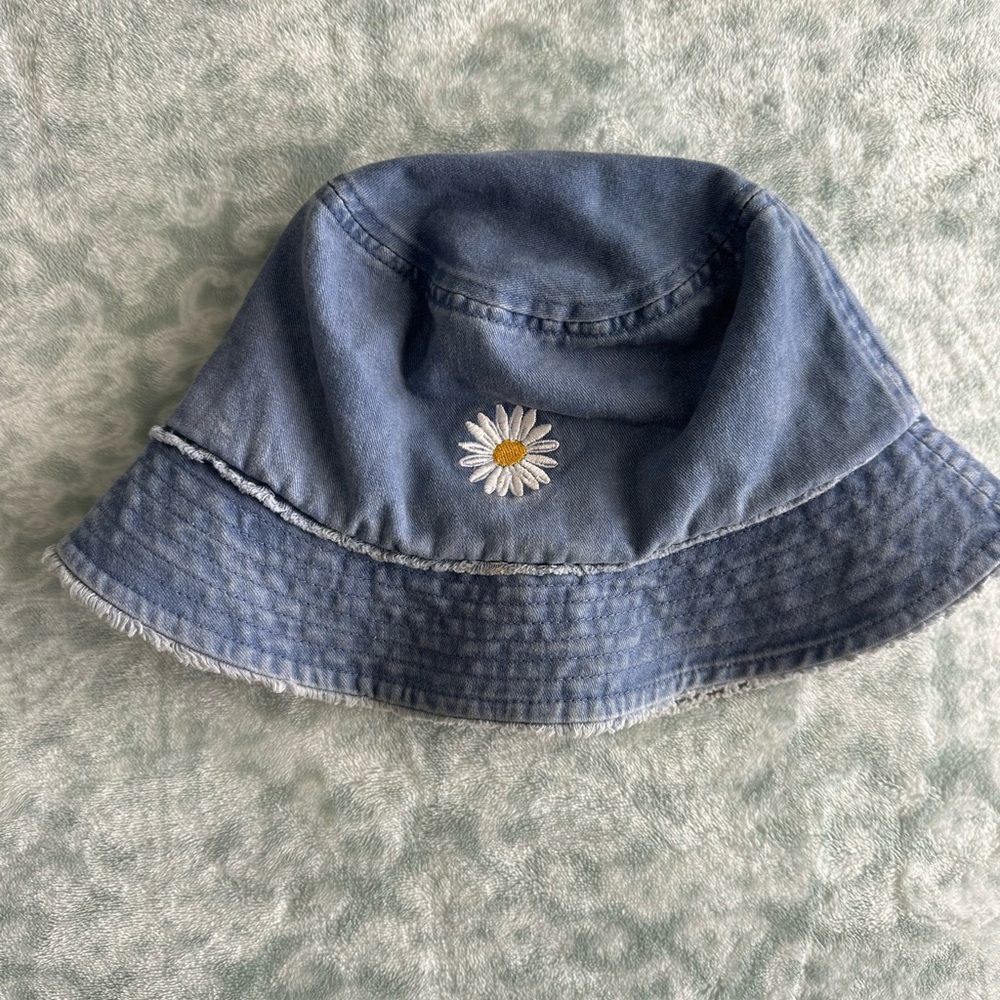 Blue Denim Bucket Hat with Daisy Embroidery